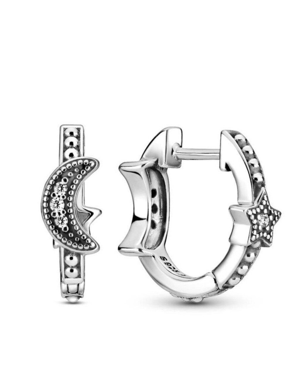 Pandora Crescent Moon And Star Beaded Hoop Sterling Earrings